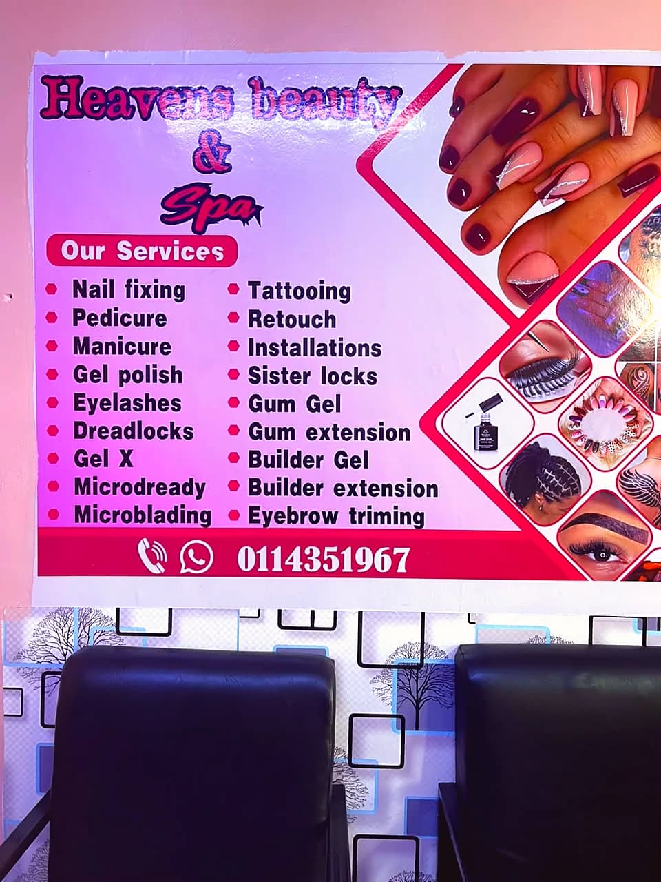Heavens Beauty & Spa poster listing services from nail fixing and Gel X to sister locks and tattooing