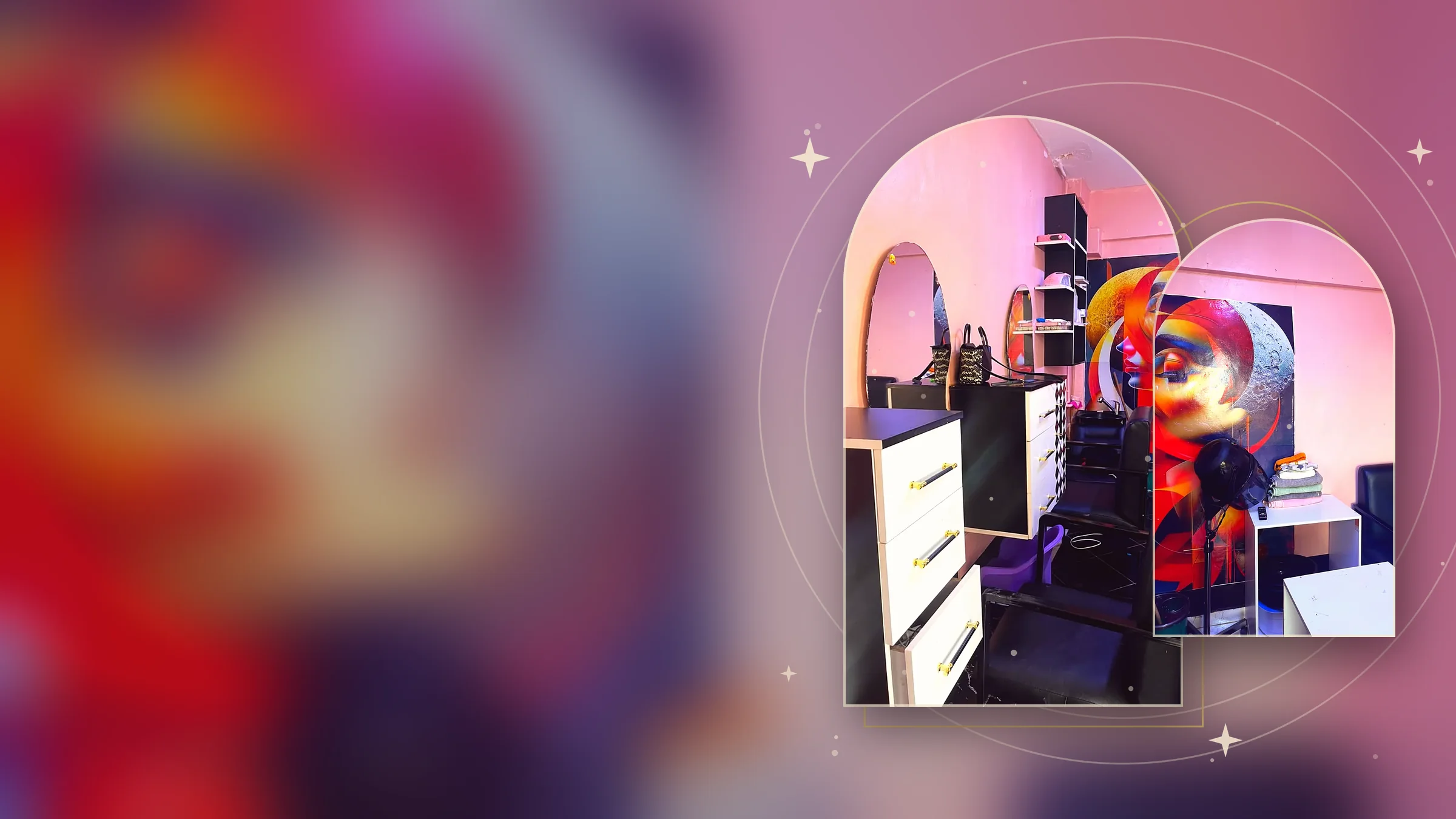 Collage of the Heavens Beauty and Spa salon in arched frames: styling stations with oval mirrors and the colourful wall mural
